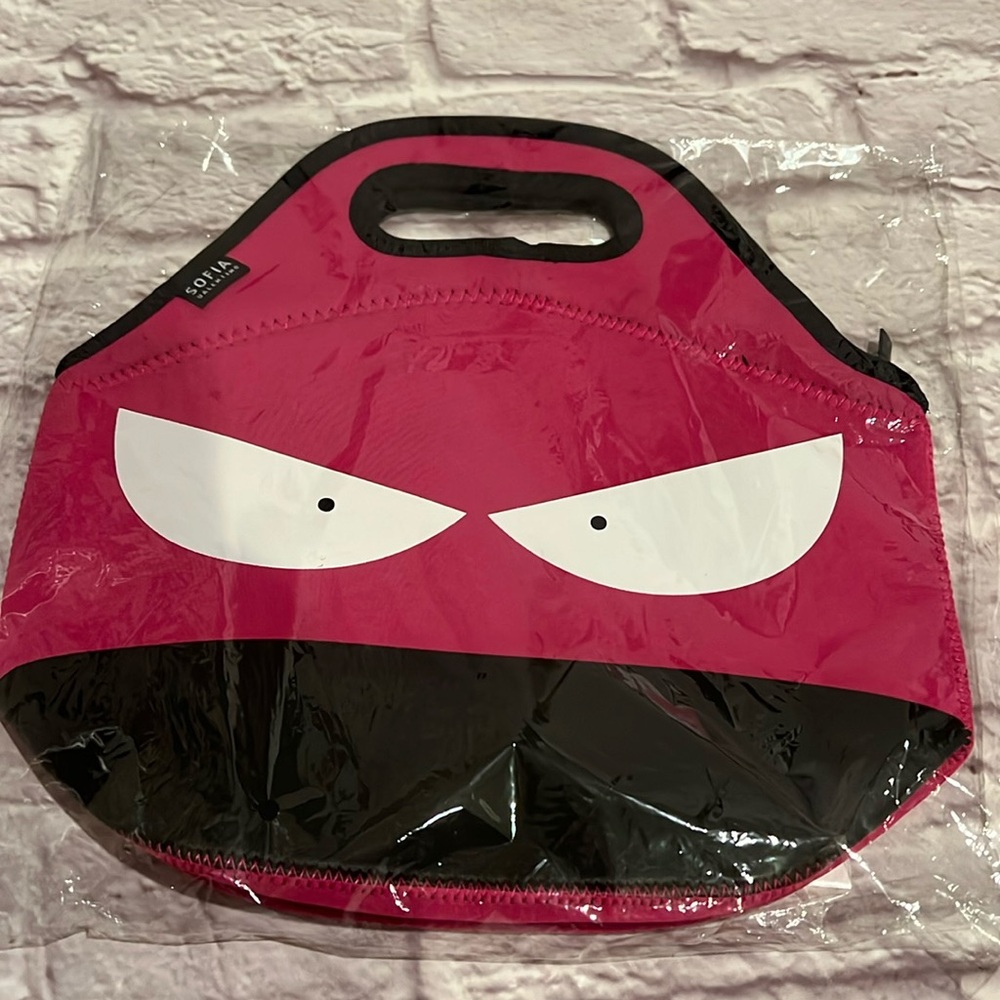 Pink and black insulated big eye monster lunch bag